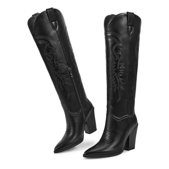 Knee High Black Woman’s Cowboy Boots - Picture 1 of 5